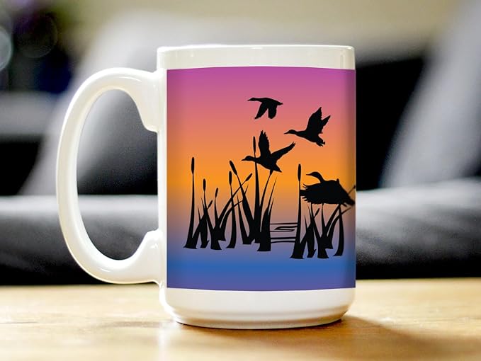 Bevvee Duck Pond Coffee Mug - Duck Gifts and Rustic Decor for Duck Hunters - Large 15oz White Ceramic Mug