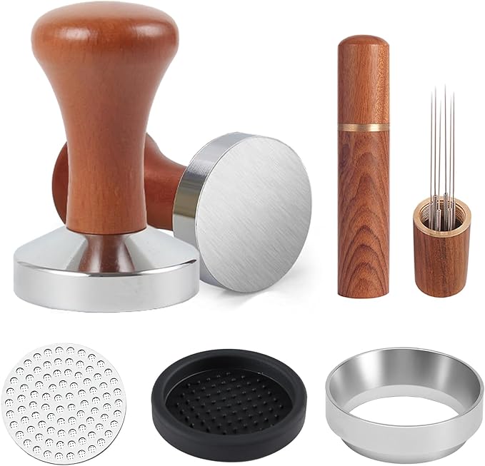 53mm Espresso Accessories Kit, Wooden Handle Espresso Tamper, WDT Tool, Puck Screen and Dosing Funnel Set Fits Delonghi 53 mm Espresso Coffee Machines and Portafilter, Barista Tools