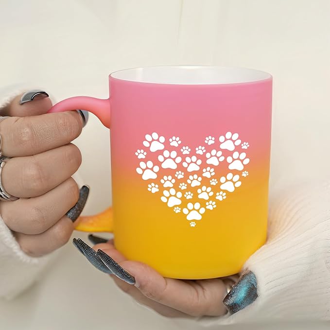 G MUGS Dog Paw Ceramic Coffee Mug, Pet Paw Print Heart Design Mug, Tea Mug, Cute Animal Lover Gift for Women Men,13oz Yellow And Pink Mug