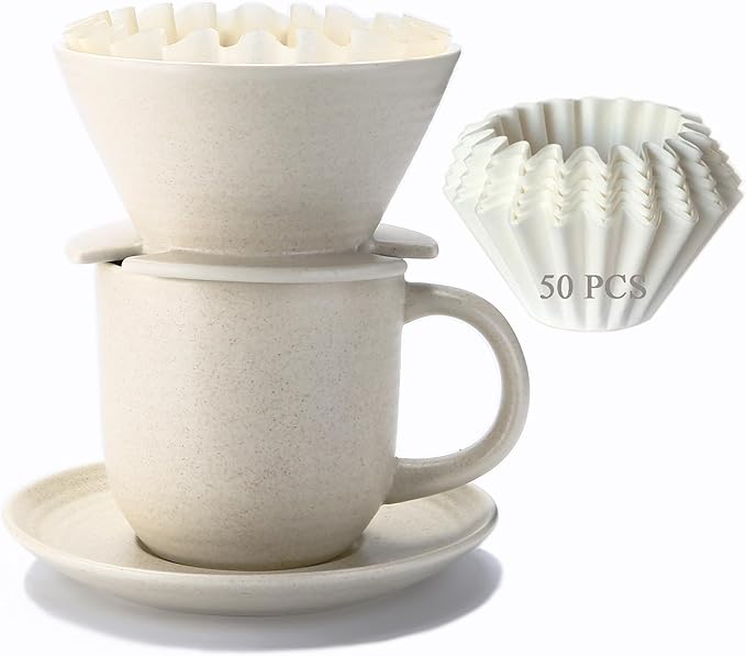 Polydremio Pour Over Coffee Maker, with 50 PCS Basket Coffee Filters, 310 ml/10 oz Mug with Saucer & Coffee Dripper, Ceramic, Off-white