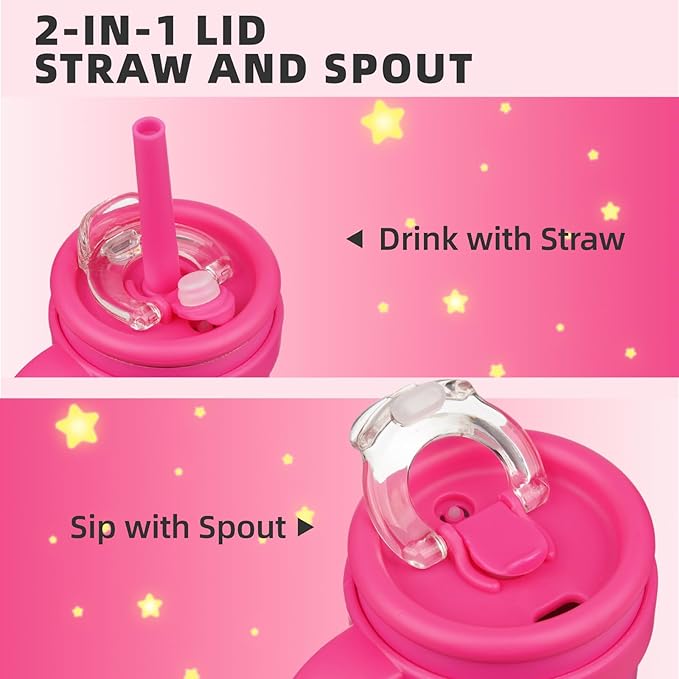 14 oz Tumbler with Side Handle, Insulated Water Bottle with Straw and 2 in 1 Lid, Stainless Steel Cup Travel Coffee Mug for Sports Office Gym,Fuchsia