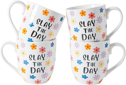 MVYAVYUS 16OZ Ceramic Slay the Day Coffee Mugs Set, Large Colorful Coffee Cups with Handles for Milk, Tea, Latte, Mocha, Cocoa, Cappuccino, Porcelain Cups Gift for Holiday or Anniversary (4PCS)