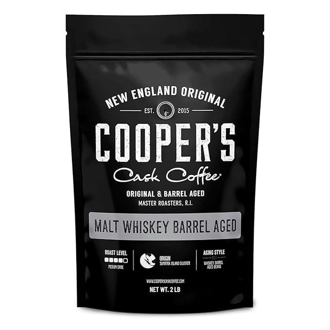 Malt Whiskey Barrel Aged Coffee, Single-Origin Sumatra Beans Aged in American Malt Whiskey Barrels, Medium Dark Roast Whole Bean, 2 lb