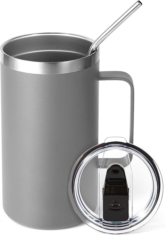Volhoply 24oz Insulated Coffee Mug with Lid and Straw, Stainless Steel Travel Mugs with Handle, Double Wall Vacuum Leak Proof Coffee Tumbler Cup (Gray,1)