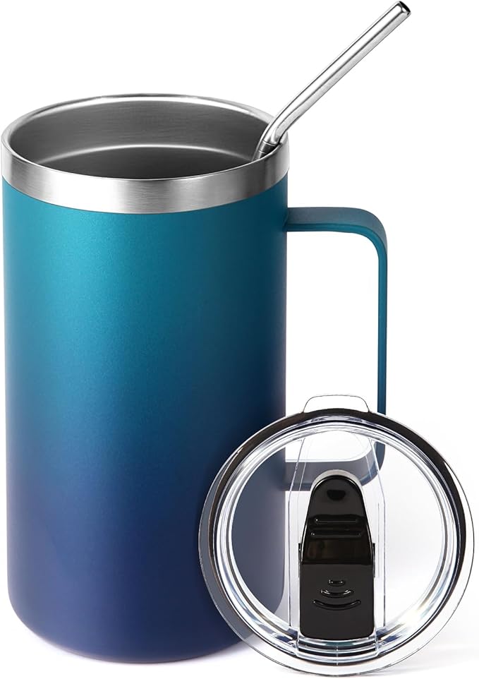 Volhoply 24oz Insulated Coffee Mug with Lid and Straw, Stainless Steel Travel Mugs with Handle, Double Wall Vacuum Leak Proof Coffee Tumbler Cup (Dark Night,1)