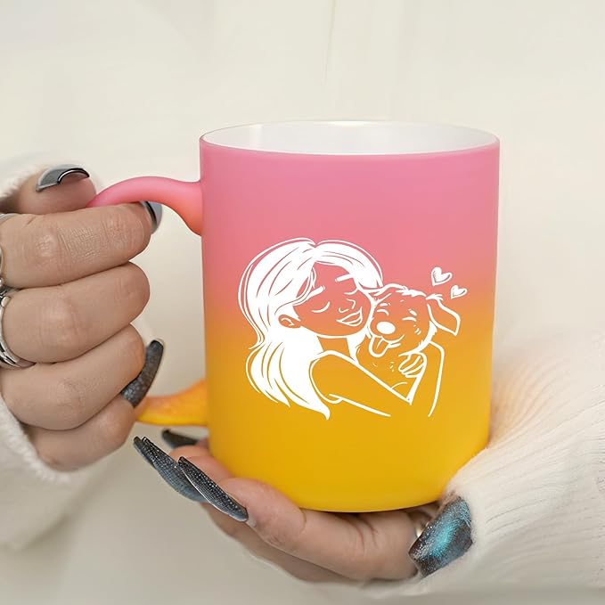 G MUGS Dog Lover Hug Ceramic Coffee Mug - 13oz Tea Mug with Girl & Dog Hug Design, Gift for Dog Owners Women Yellow And Pink Mug