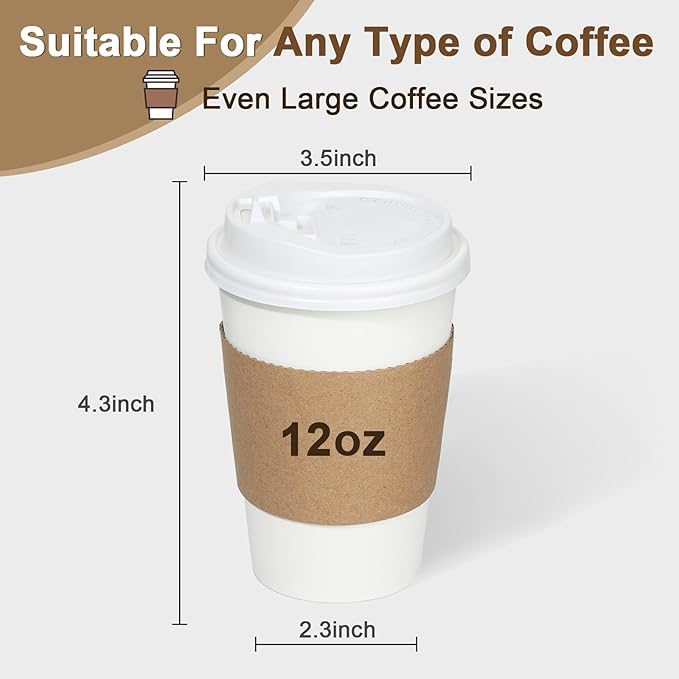 120 Pack 12 oz Paper Coffee Cups Set, Disposable White Coffee Cups with Lids, Sleeves and Stirring Sticks, Fit For Cold and Hot Drinks