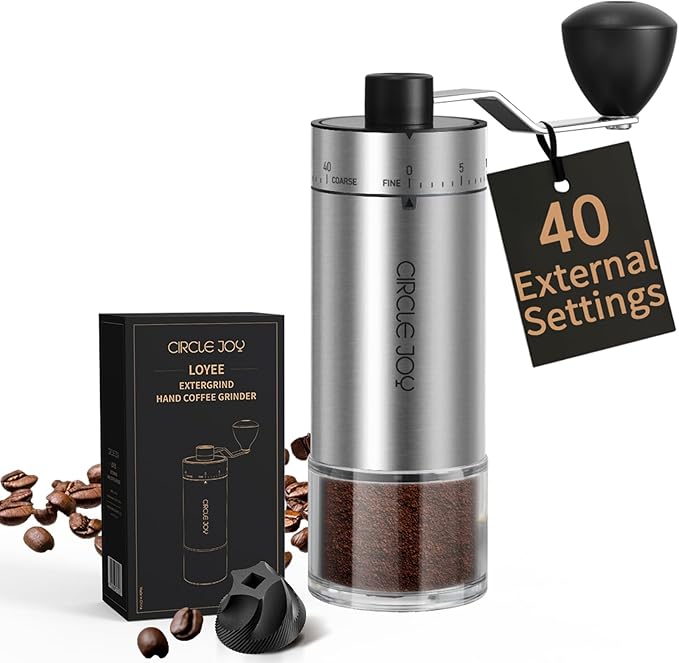 CIRCLE JOY Manual Coffee Grinder with 40 External Adjustable Settings, Portable Stainless Steel Hand Coffee Grinder, Ceramic Conical Burr Coffee Grinder for Camping, Travel and Espresso, 30g Capacity