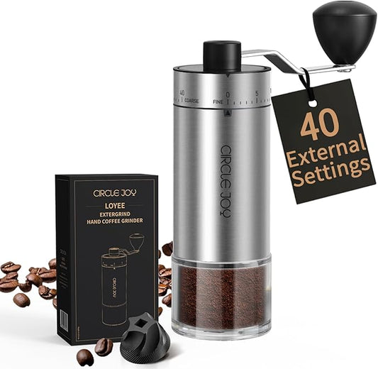 CIRCLE JOY Manual Coffee Grinder with 40 External Adjustable Settings, Portable Stainless Steel Hand Coffee Grinder, Ceramic Conical Burr Coffee Grinder for Camping, Travel and Espresso, 30g Capacity