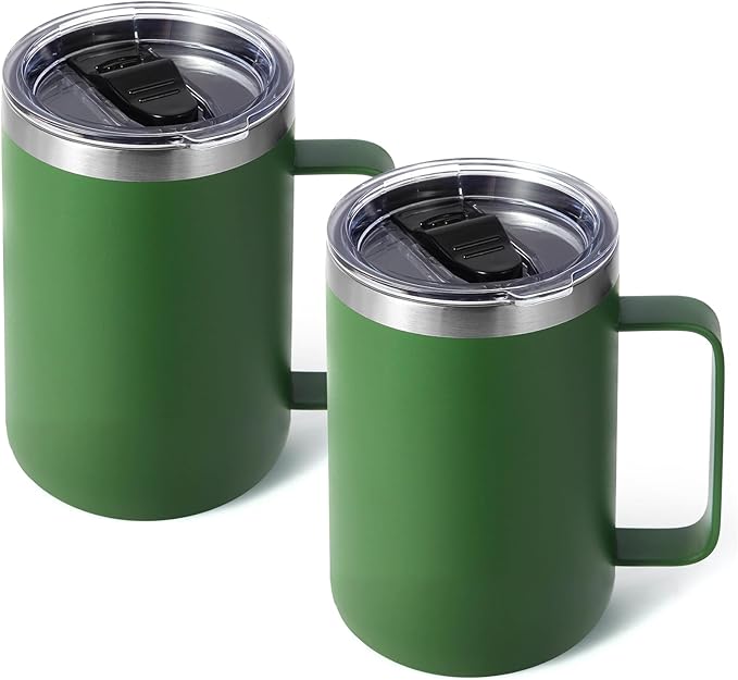 Volhoply 16oz Insulated Coffee Mug with Lid and Straw, Stainless Steel Travel Mugs with Handle, Double Wall Vacuum Leak Proof Coffee Tumbler Cup (Army Green,2)