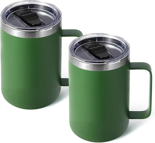Volhoply 16oz Insulated Coffee Mug with Lid and Straw, Stainless Steel Travel Mugs with Handle, Double Wall Vacuum Leak Proof Coffee Tumbler Cup (Army Green,2)