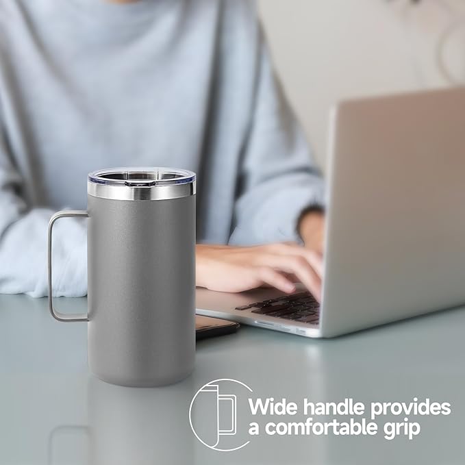 Volhoply 24oz Insulated Coffee Mug with Lid and Straw, Stainless Steel Travel Mugs with Handle, Double Wall Vacuum Leak Proof Coffee Tumbler Cup (Gray,1)