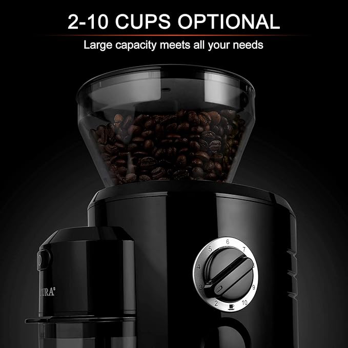 Secura Conical Burr Coffee Grinder, Electric Coffee Grinder with 18 Grind Settings, Adjustable Burr Mill Coffee Bean Grinder for 2-10 Cups