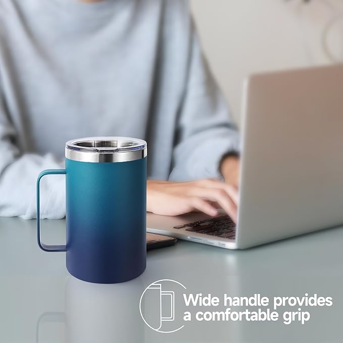 Volhoply 16oz Insulated Coffee Mug with Lid and Straw, Stainless Steel Travel Mugs with Handle, Double Wall Vacuum Leak Proof Coffee Tumbler Cup (Dark Night,2)