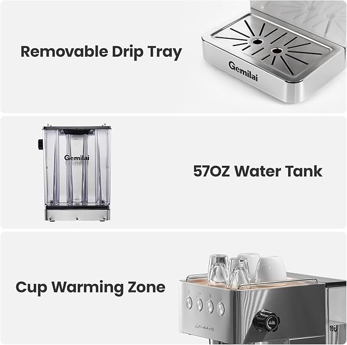 Gemilai Espresso Machine, Espresso Maker with Milk Frother Steam Wand & 57OZ Water Tank for Latte Macchiato Cappuccino, Brushed Stainless Steel G3005E