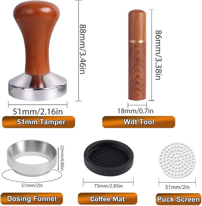 51mm Espresso Accessories Kit, Wooden Handle Espresso Tamper, WDT Tool, Puck Screen and Dosing Funnel Set Fits Delonghi 51 mm Espresso Coffee Machines and Portafilter, Barista Tools