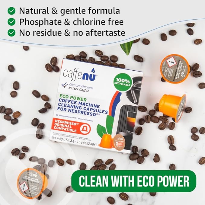 Caffenu Nespresso Compatible Cleaning Pods. 5 Cleaner Capsules. Improved Coffee Flavor. For Nespresso Originaline, Use with Descaling Kit.