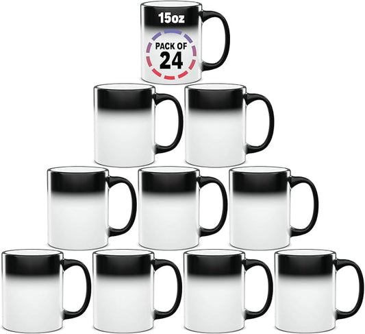 15oz Magic Sublimation Mugs – Color Changing Blank Ceramic Cups for Heat Transfer Printing – Set of 24 Bulk Mugs for Custom Crafting, Customizable Drinkware
