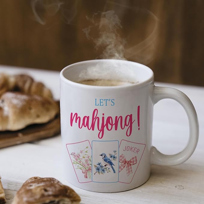 Coquette Bow Floral Bird Mahjong Mug, Mahjong Gifts for Women Coffee Cup Ceramic, Gifts for Mah Jong Lovers Players Ceramic Coffee Tea Mug 11 oz