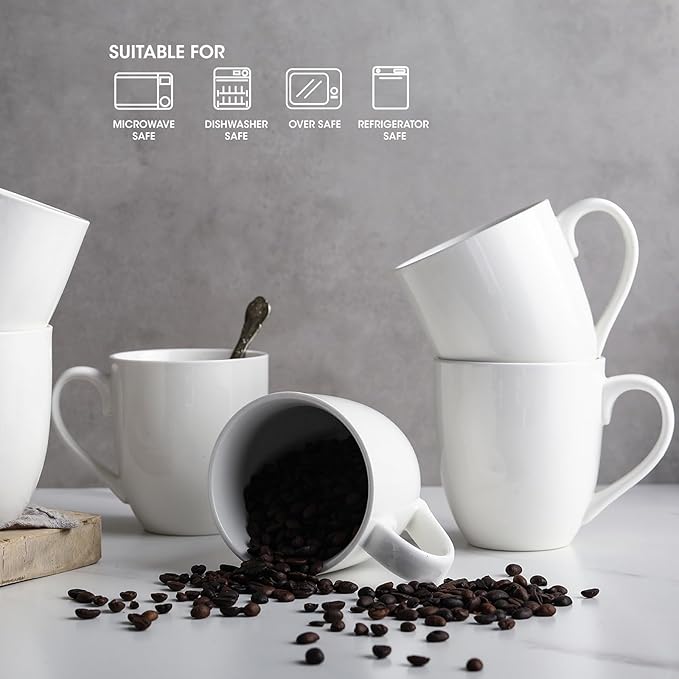 16OZ Ceramic Coffee Mugs Set, Large White Coffee Cups with Handles, Porcelain Mug Sets for Tea, Milk, Latte, Mocha, Cocoa, Cappuccino, Dishwasher Safe, Cups Gift for Holiday & Anniversary (6PCS)