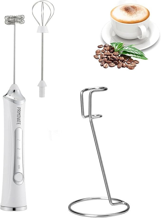 Rechargable Milk Frother, Handheld Drink Mixer with Whisk Attachment, 2025 upgraded powerfull 3 speed motor, Type C charging with charge light, with extra egg mix head (White with Stand)