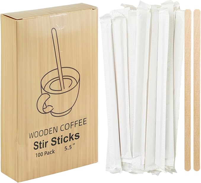 100 Pcs Coffee Stirrers Individually Wrapped, 5.5 Inch Wooden Coffee Stir Sticks, Coffee Stirs Disposable with Smooth Round Ends for Coffee, Cocktail, Drinks Coffee Bar Accessories