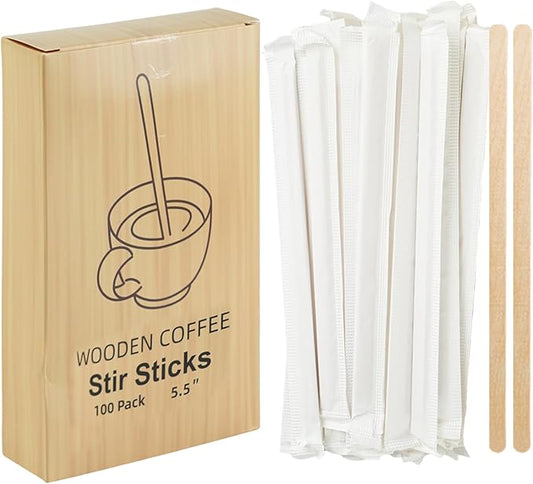 100 Pcs Coffee Stirrers Individually Wrapped, 5.5 Inch Wooden Coffee Stir Sticks, Coffee Stirs Disposable with Smooth Round Ends for Coffee, Cocktail, Drinks Coffee Bar Accessories
