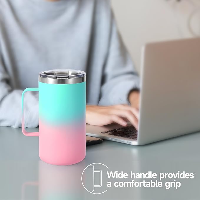 Volhoply 24oz Insulated Coffee Mug with Lid and Straw, Stainless Steel Travel Mugs with Handle, Double Wall Vacuum Leak Proof Coffee Tumbler Cup (Green Pink,1)