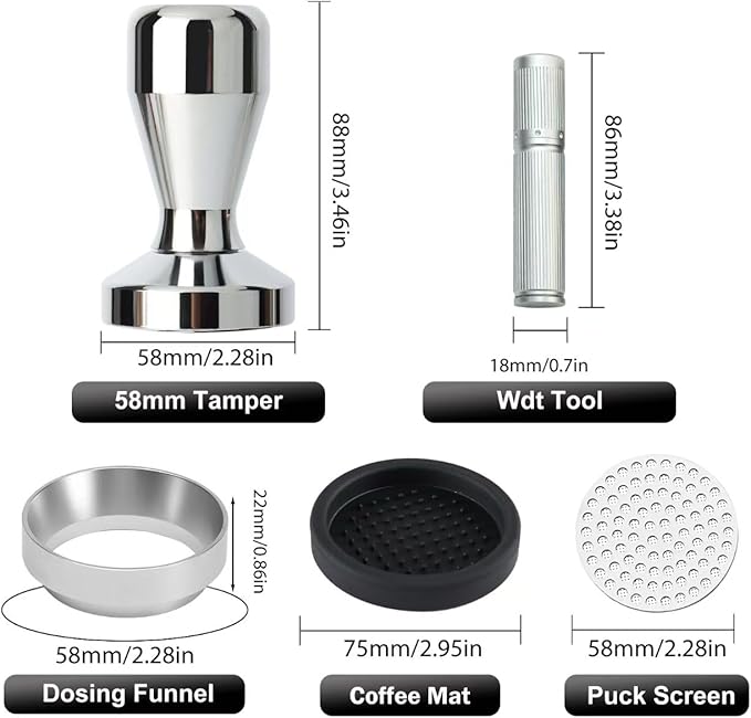 58mm Espresso Accessories Kit, 316 stainless steel Espresso Tamper, WDT Tool, Puck Screen and Dosing Funnel Set Fits Delonghi 58 mm Espresso Coffee Machines and Portafilter, Barista Tools