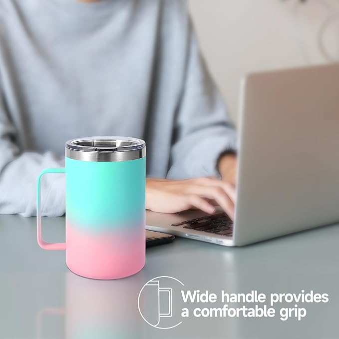 Volhoply 16oz Insulated Coffee Mug with Lid and Straw, Stainless Steel Travel Mugs with Handle, Double Wall Vacuum Leak Proof Coffee Tumbler Cup (Green Pink,1)