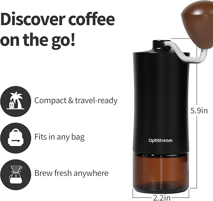 Portable Manual Coffee Grinder – Effortless 7 CNC420 High-Carbon Steel Burrs, Uniform 20 μm Grind, Full Aluminum Body & Tinted Glass Jar, 25 g capacity for travel (Black)