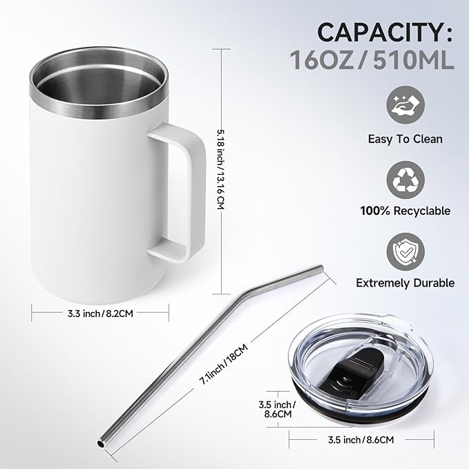 Volhoply 16oz Insulated Coffee Mug with Lid and Straw, Stainless Steel Travel Mugs with Handle, Double Wall Vacuum Leak Proof Coffee Tumbler Cup (White,1)