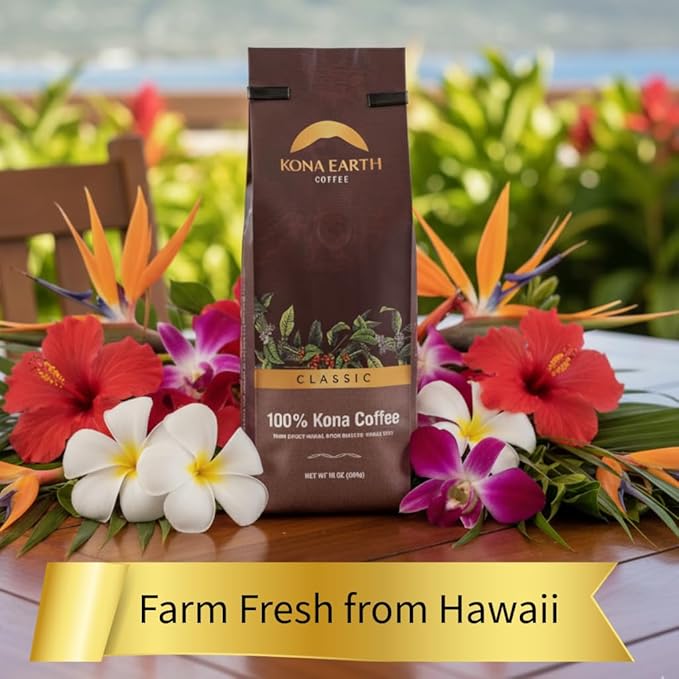 KONA EARTH 100% Kona Coffee, Classic Dark Roast, Whole Bean, 1 lb (16oz) Farm-Direct Authentic Hawaiian Kona Coffee beans from Hawaii’s Big Island, Micro-Batch-Roasted