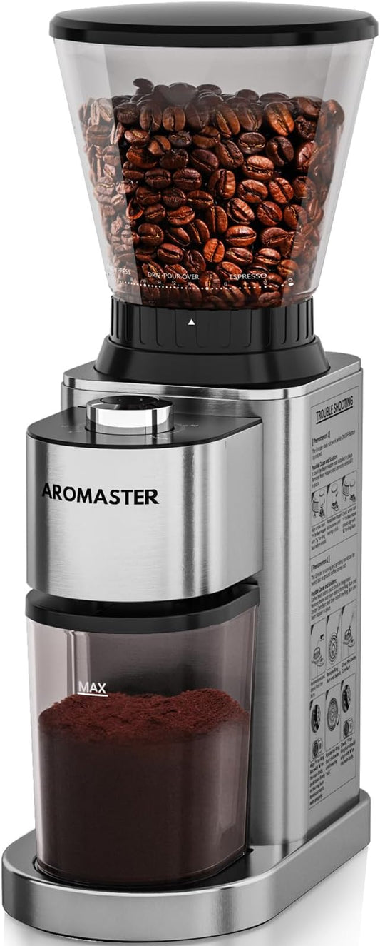 Aromaster Coffee Bean Grinder with 48 Gind Settings, Conical Burr Coffee Grinder for Home Use,Stainless Steel,40 Seconds Adjustable Timer,Anti-static,Easy to Clean with Brush,Grey