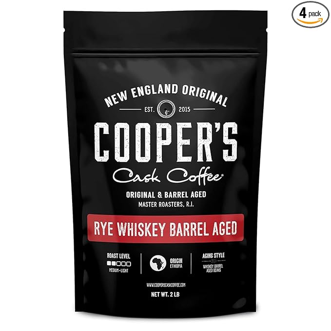 Rye Whiskey Barrel Aged Coffee, Single-Origin Ethiopian Beans Aged in Rye Whiskey Barrels, Medium Light Roast Whole Bean, 2 lb