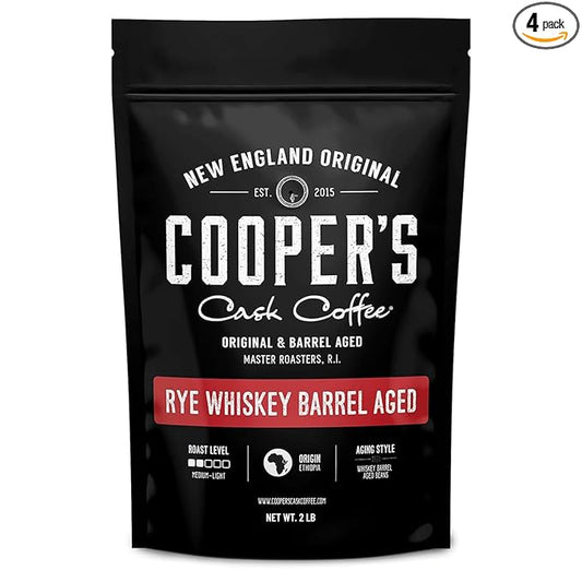 Rye Whiskey Barrel Aged Coffee, Single-Origin Ethiopian Beans Aged in Rye Whiskey Barrels, Medium Light Roast Whole Bean, 2 lb