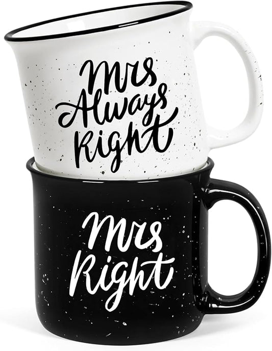 Physkoa Lesbian Wedding Gift – Mrs. Right & Mrs. Always Right Mug Set, Funny Lesbian Gift for Her, 11oz Ceramic Coffee Cups for Lesbian Couple, Engagement or Anniversary