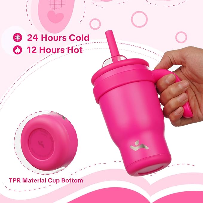 14 oz Tumbler with Side Handle, Insulated Water Bottle with Straw and 2 in 1 Lid, Stainless Steel Cup Travel Coffee Mug for Sports Office Gym,Fuchsia