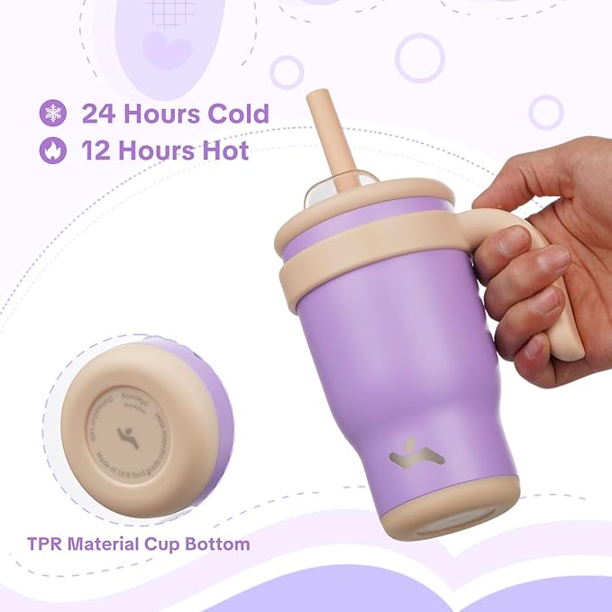 14 oz Tumbler with Side Handle, Insulated Water Bottle with Straw and 2 in 1 Lid, Stainless Steel Cup Travel Coffee Mug for Sports Office Gym,Purple