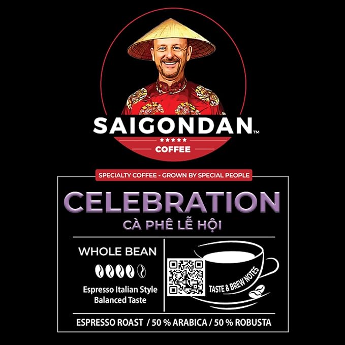 Vietnamese Coffee Beans – Saigondan Celebration Italian Style Espresso Roast Whole Bean – 50% Arabica 50% Robusta – Premium Single Origin, Direct Trade Vietnamese Coffee – 12 oz