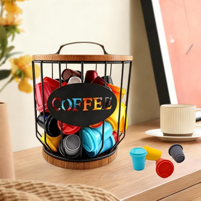 yaenoei 2 Pack Coffee Pod Holder with Lid Coffee Pods Storage Black Wire Coffee Storage Basket Large Capacity K Cup Holder with Wooden Base for Kitchen Countertop, Cafe Bar Organizer, Office Desktop