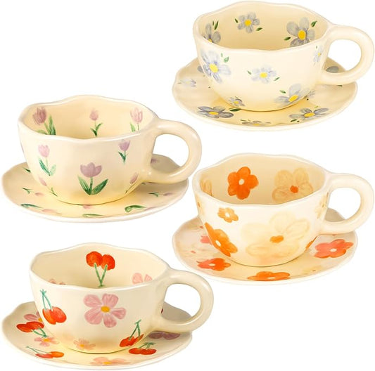 MAKCNMYM Cappuccino Cup with Saucers Set of 4 Ceramics Coffee Mugs 8 oz Latte Art Cup Vintage Aesthetic Flower Barista Cups for Americano, Tea, Espresso,Mocha, Milk - Microwave and Dishwasher Safe