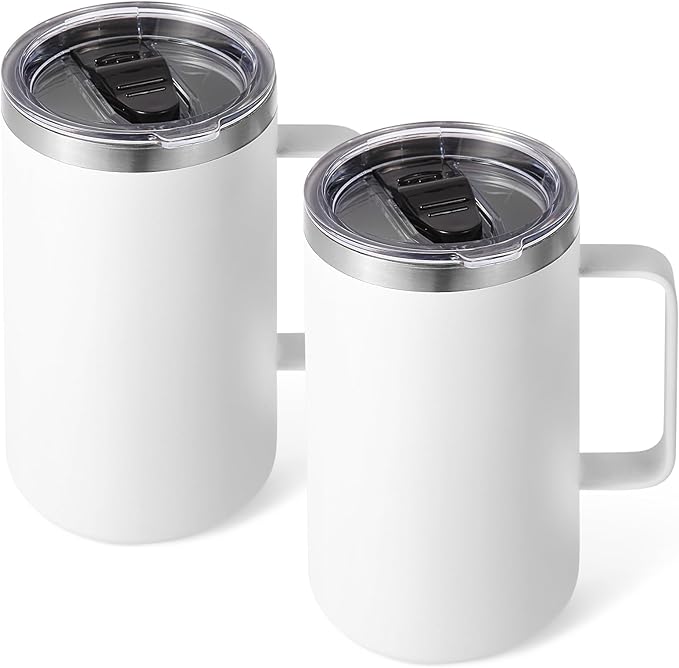 Volhoply 24oz Insulated Coffee Mug with Lid and Straw, Stainless Steel Travel Mugs with Handle, Double Wall Vacuum Leak Proof Coffee Tumbler Cup (White,2)
