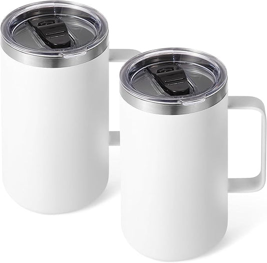 Volhoply 24oz Insulated Coffee Mug with Lid and Straw, Stainless Steel Travel Mugs with Handle, Double Wall Vacuum Leak Proof Coffee Tumbler Cup (White,2)