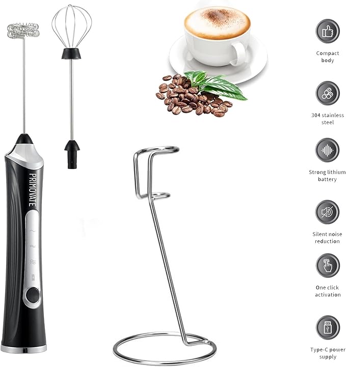 Rechargable Milk Frother, Handheld Drink Mixer with Whisk Attachment, 2025 upgraded powerfull 3 speed motor, Type C charging with charge light, with extra egg mix head (Black with Stand)