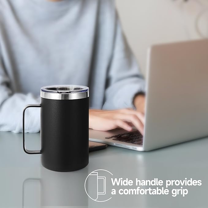 Volhoply 16oz Insulated Coffee Mug with Lid and Straw, Stainless Steel Travel Mugs with Handle, Double Wall Vacuum Leak Proof Coffee Tumbler Cup (Assorted,2)
