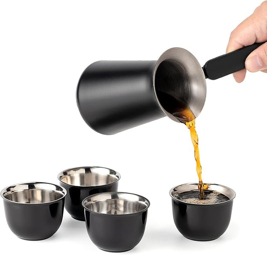 Turkish Coffee Pot Set- Coffee Maker, Briki Greek Turkish Pot with 4 Small Cups, Arabic Tea Pot, Cezve/Ibrik Coffee Pot for Stovetop(1 pot and 4 small cups)