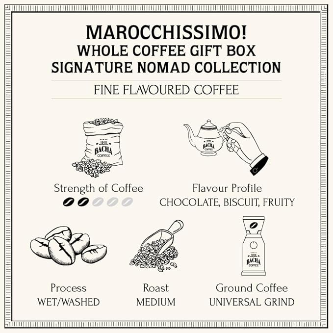 Bacha Coffee | Marocchissimo! Fine Flavoured, Whole Beans, Medium Roast, 100% Arabica Specialty Coffee, 250g Signature Nomad Collection, Gift Box