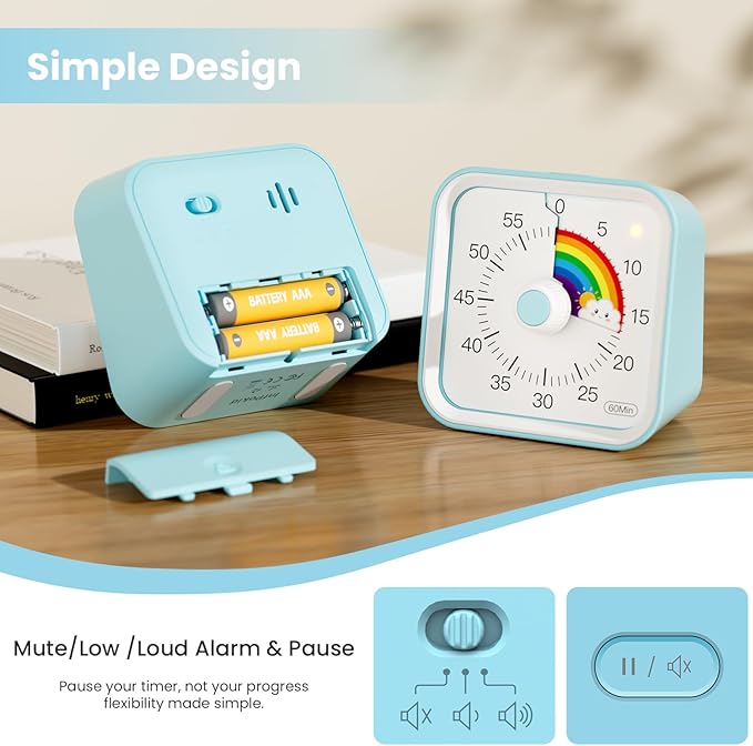 InfPokid Visual Timer for Kids with Pause Function, Cute Silent Timer with Rainbow for Classroom, Teaching, Task, Kitchen, 60 Minute Countdown Time Management for ADHD (Rainbow Blue)
