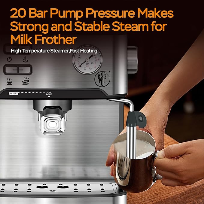 20 Bar Espresso Machine with Milk Frother, Dual Shot Coffee Maker, ESE Pod, Pressure Display, 54 OZ Removable Water Tank for Home Barista (Stainless Steel)